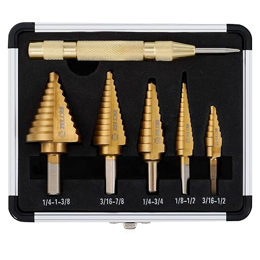 ZELCAN HSS 5PCS Titanium Step Drill Bit Set with Automatic Center Punch for Sheet Metal with Aluminum Case, 50 Sizes in 5 High Speed Multiple Hole Stepped Up Steel Bits for DIY Lovers