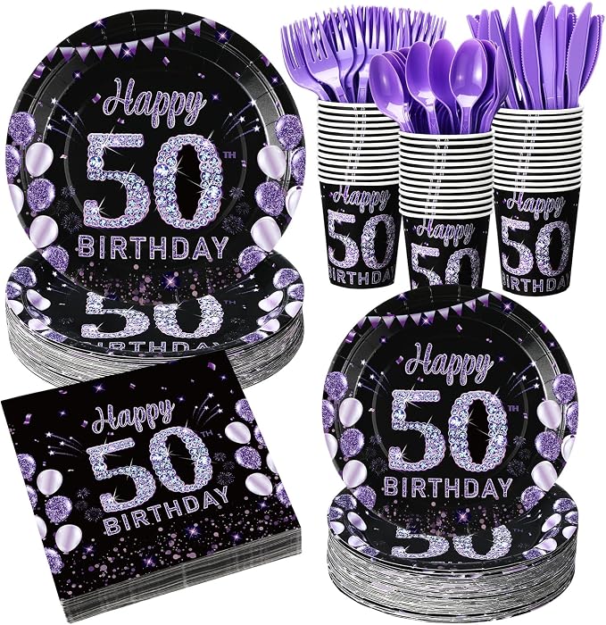 Pickmesh 400 Pcs 50th Birthday Party Supplies Purple Black Happy 50th Birthday by Pickmesh