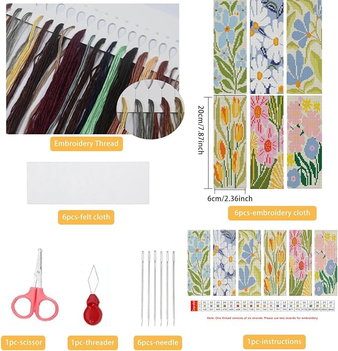 6PC Flowers Counted Cross Stitch Bookmark Kit - Image 2