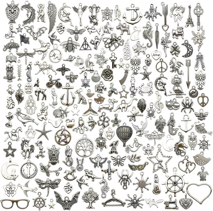 Youdiyla 200 Mixed Charms Collection, Antique Silver Tone, Charms Metal Pendant by Youdiyla