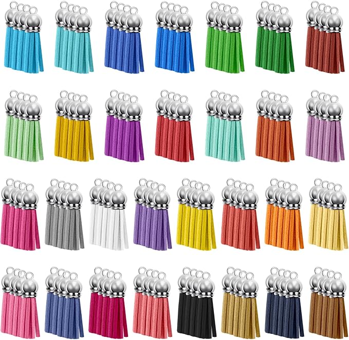 120 Pack Leather Keychain Tassels Charms Silver White Cap Multicolor Tassels by Bringsparkletoeverydaylife