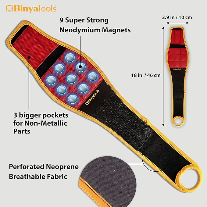BINYATOOLS Magnetic Wristband RED Super Strong Magnets Holds Screws, Nails, Drill Bit. Unique Wrist Support Design Cool Gadget Gifts for Fathers, Boyfriends, Stocking Stuffers for Men