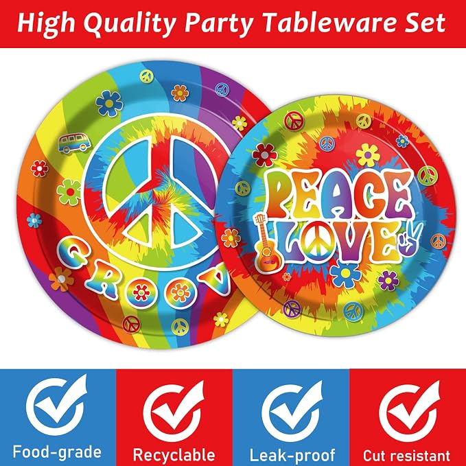 96 PCS 60’s Party Hippie Tableware Set Groovy Plates Napkins 60s Hippie Themed - Image 3