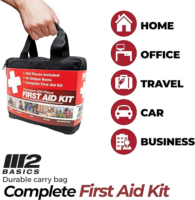 M2 BASICS Professional 300 Piece (40 Unique Items) First Aid Kit | Home, Car, Business, Travel | Medical Kit, Emergency Kit