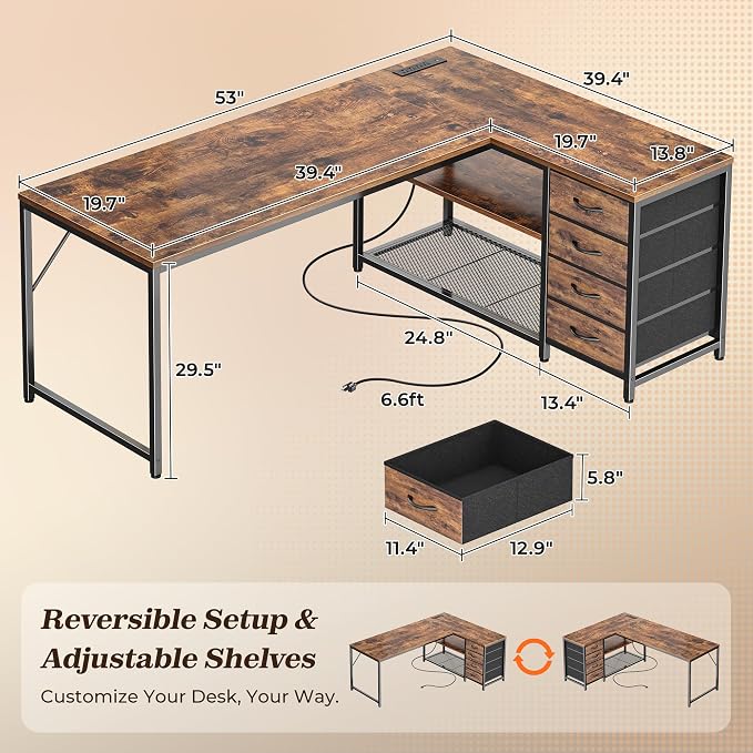 PRAISUN 53" L Shaped Desk with Power Outlets & USB-C Port, Reversible Computer - Image 2