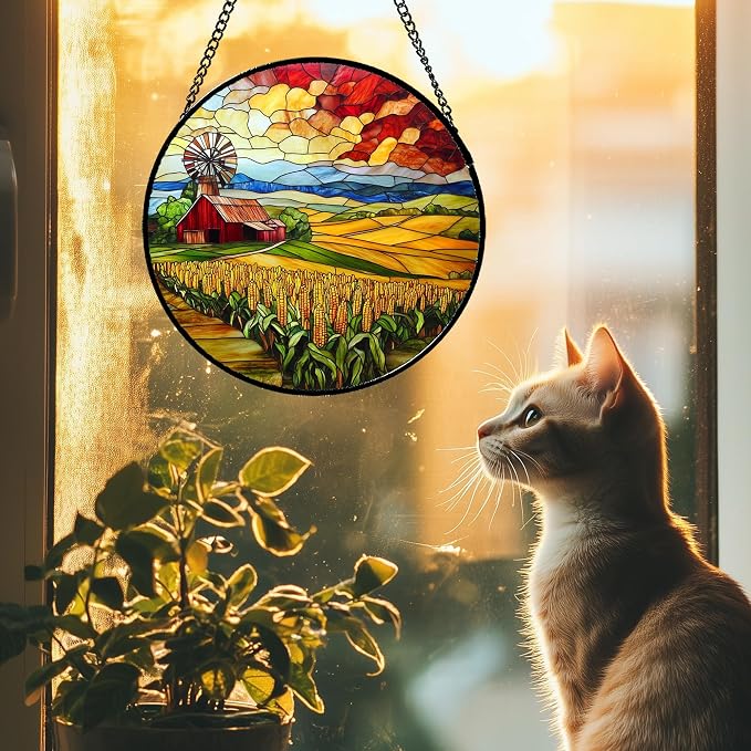 Stained Glass Window Hanging Autumn Farm Corn Harvest Landscape 7.8" - Image 3