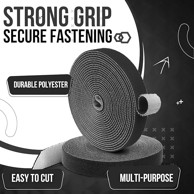 TNP Hook and Loop Tape Strap Cable Ties Fastener (Black) (15 Feet) - Sticky Self Adhesive Nylon Fabric Roll Wrap 0.75" Wide 5 Yards Reusable for Cutting Custom Length Cord Wire Fastening