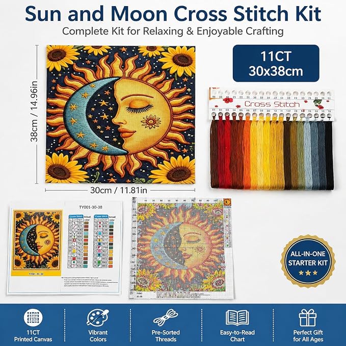 WYBQFDJ Sunflower Sun & Moon Beginner Cross Stitch Kit, 11.8 x 15 in | - Image 6