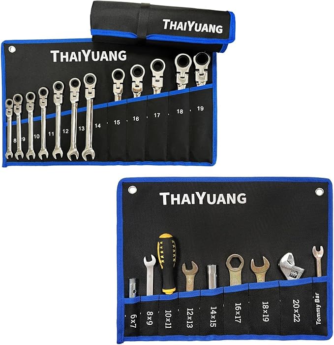 3-Pieces Roll Up Wrench Pouch Metric & SAE, Heavy Duty Canvas Tool Wrench Organizer Bag 9+13+14 Pockets (Only Pouch)