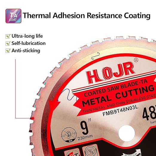 Metal Cutting Circular Saw Blade, Steel and Stainless Steel Cutting, The Cutting Head uses a Special Anti-Heat Sticking Coating with high Finish and Long Life,FMB 9 inch 48-Tooth 1" -TA