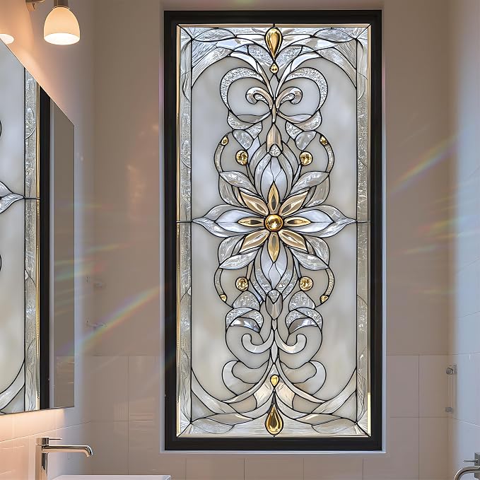 Stained Glass Window Privacy Film: Non-Adhesive Sun and Landscape Mosaic Design by AOHMPT