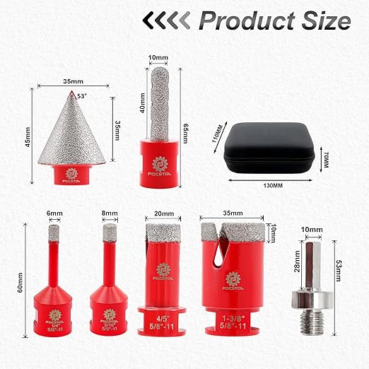 Diamond Core Drill Bit Set - 7pcs (6/8/20/35mm+10mm Finger Milling Bit+35mm Beveling Chamfer Bit+HEX) Diamond Hole Saw Kit for Porcelain Ceramic Tile Marble Granite