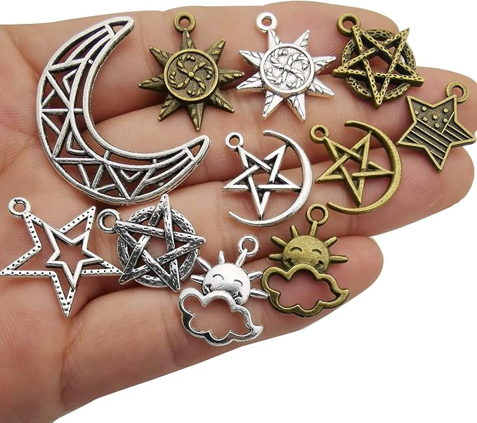 100g Craft Supplies Small Antique Bronze Silver Sun Moon Star Charms Pendants - Image 4