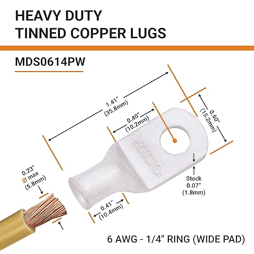 SELTERM 2pcs 6 AWG 1/4" Stud (Wide Pad) Tinned Copper Wire Lugs, Battery Lugs, Ring Terminals, Battery Cable Ends, 6 Gauge Ring Terminal Connectors, UL Marine Grade Battery Terminal Connectors