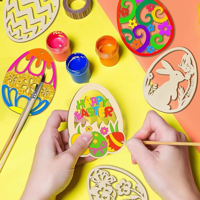 80PCS Wooden Easter Ornaments to Paint, 10 Styles DIY Blank Unfinished Wood Egg - Image 2