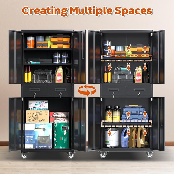 Metal Garage Storage Cabinet with Wheels,Rolling Tool Cabinet with 2 Lockable Drawers for Garage Warehouse Home,Required Assembly,Black,71" H*30" W*15" D