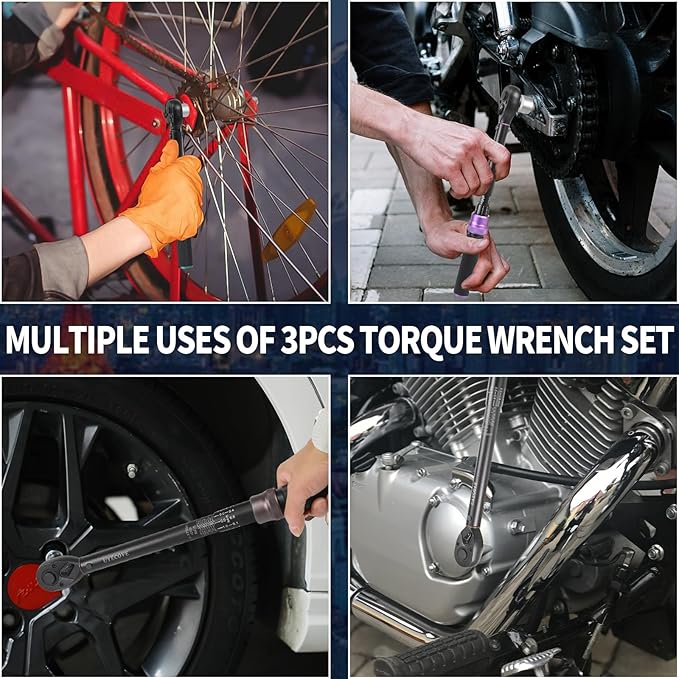 1/4 3/8 1/2-inch Drive Click Torque Wrench, 4Pcs Torque Wrench Set 20-240 in.lb, 5-45 ft.lb, 20-160 ft.lb，with 1 Adapter，Adjustable Torque Wrench Set for Bike, Motorcycle, Car Maintenance