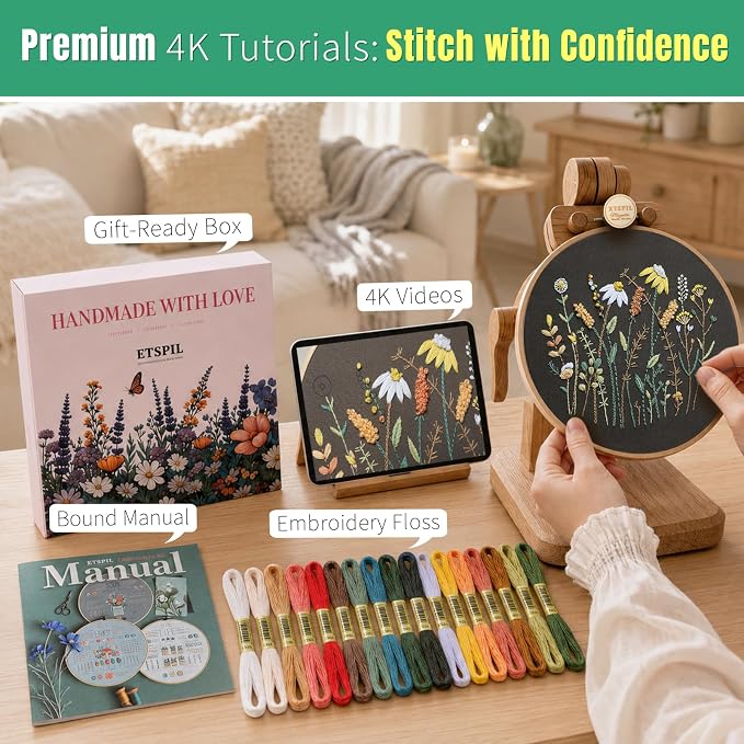 ETSPIL Embroidery Kit for Adults, 2 Hoops, 4K Slow-Mo, Pre-Printed Patterns | - Image 2