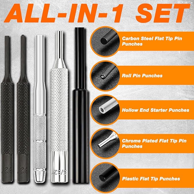 BESTNULE Punch Set, Pin Punches, Punch Tool, Roll Pin Punch Set, Made of High Quality Metal Material Including Punches and Hammer, Mechanical Repair Tool, with Organizer Storage Box (with Bench Block)