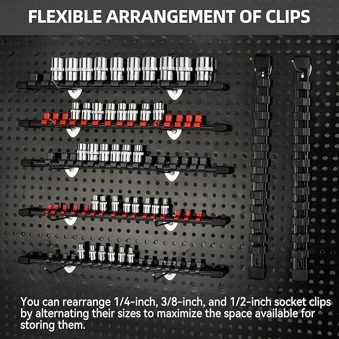 Socket Organizer Drive ABS Tools - Black Socket Holder, Premium Quality 9 Pieces Socket Holders Kit 1/4-Inch x 48 Clips, 3/8-Inch x 45 Clips, 1/2-Inch x 36 Clips（9PC,Black)