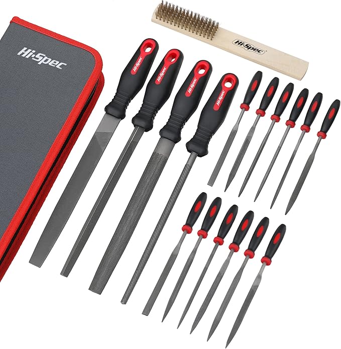 Hi-Spec 17 Piece Metal Hand & Needle File Tool Kit Set. Large & Small Mini T12 Carbon Steel Flat, Half-Round, Round & Triangle Files. Complete in a Zipper Case with a Brush