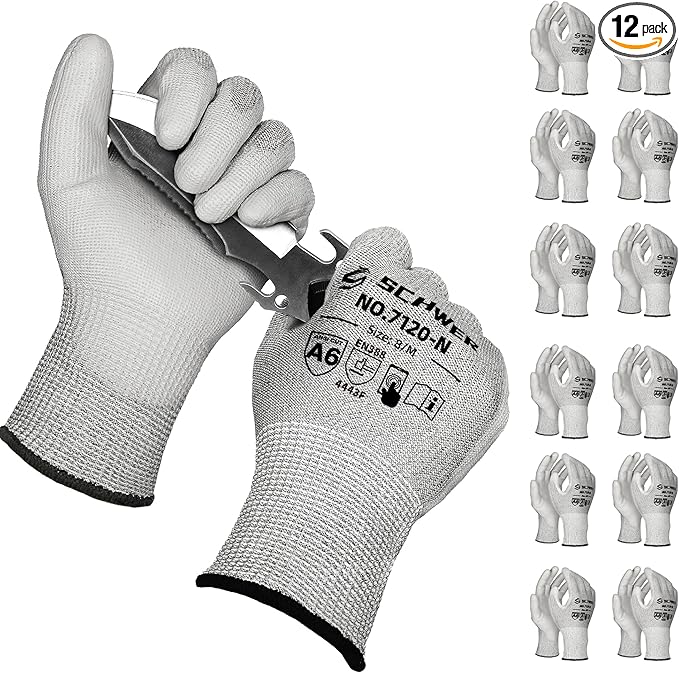 Schwer 12 Pairs ANSI A6 Cut Resistant Gloves CR7120 Cut Proof Work Gloves, Touchscreen, for Men and Women Used for Woodworking, Glass Cutting, Construction, Cargo Handling, Car Repair, M
