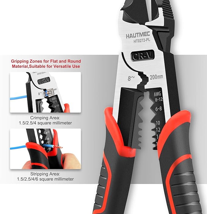 HAUTMEC 8" Wire Cutters,Pro-High Leverage Diagonal Pliers,4 in 1 Multifunction Heavy Duty Side Cutter HT0272-PL