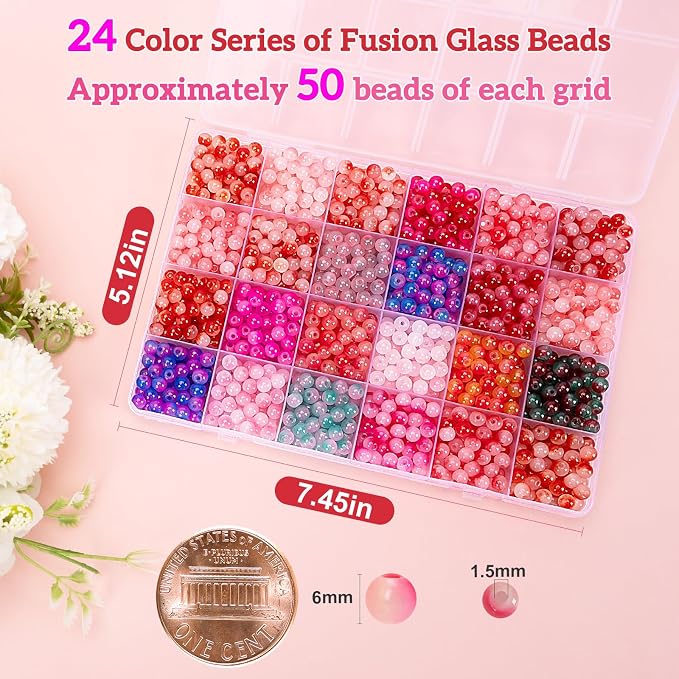 XSEINO About 1200+ pcs 6mm Glass Beads Bracelet Making Kit, 24 Assorted Red - Image 2