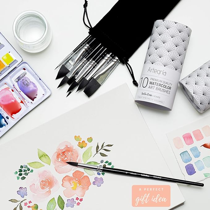 ARTEGRIA Watercolor Brush Set, 10 Professional Soft Synthetic Squirrel Paint - Image 2