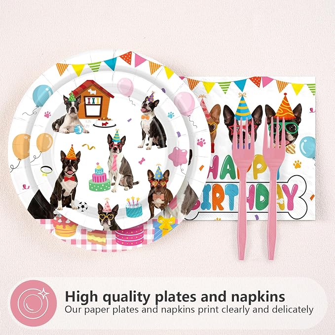 96 Pcs Boston Terrier Birthday Party Decoration Dog Puppy Theme Plates and - Image 2