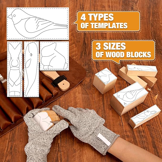 Wood Carving Kit, 24Pcs Wood Carving Tools with PU Storage Bag, Wood Whittling Knife Kit with 4pcs Templates & 6pcs Basswood Blocks for DIY Beginners