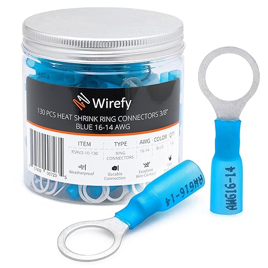 Wirefy 130 PCS Heat Shrink Ring Terminals 3/8" - a Resistant Ring Connectors - Eyelet Wire Connectors - Blue 16-14 AWG