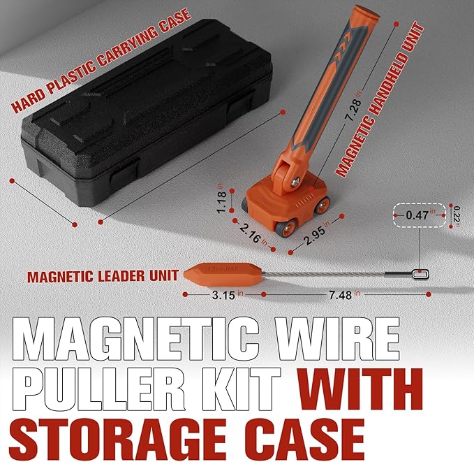 Magnetic Wire Puller for Electrical Wiring – Rare-Earth Magnets, Stainless-Steel Leader for Easy Cable Pulling in Walls & Tight Spaces, Doubles as Stud Finder, Includes High-Quality Hard Plastic Case