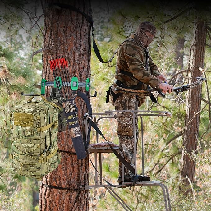 Tree Stand Strap Bow Hangers - Comes with 3 Metal Gear Hooks and 1bow Hanger Archery, for Tree Stand Platform Saddle Hunting Accessories-No Plastic Parts，Storage Bag Included