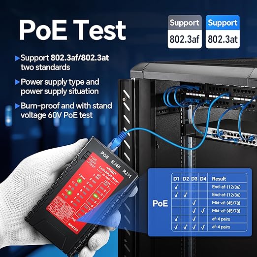 NOYAFA NF-468S Network Cable Tester, RJ12 RJ11 RJ45 Ethernet Cable Tester for CAT5 CAT5E CAT6 CAT6A, POE Tester Continuity UTP/STP Cable Toner LAN Telephone line CAT3 Cable Network Tools