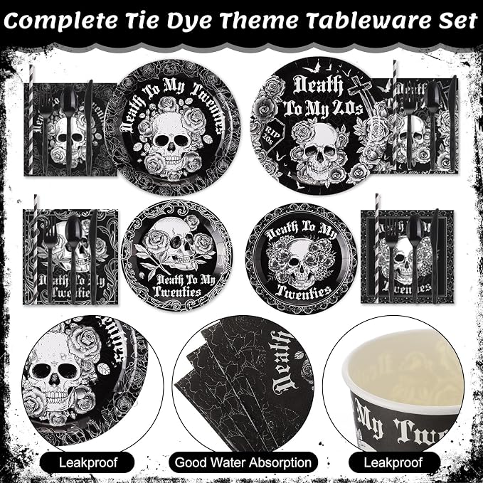 450 Pcs Death to My 20s Tableware Set Black White 30th Birthday Party - Image 3