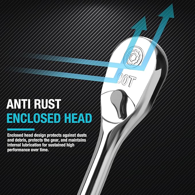 DURATECH Extra Long Handle 3/8-Inch Drive Ratchet, 90-Tooth Ratchet Wrench with 12" Handle and Dust Proof Teardrop Enclosed Head, Reversible, CR-V Steel Made, CR-MO Head, Full Polished, Gifts for Men