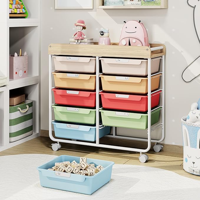 10 Drawers Rolling Cart with Wooden Tabletop, Utility Storage Cart with Wheels - Image 2