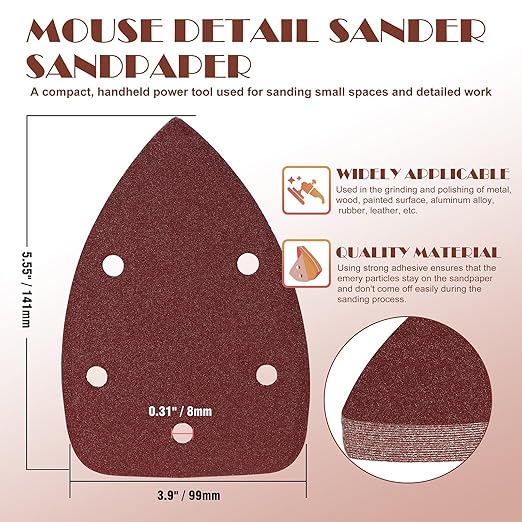 120 Grit Mouse Sander Sandpaper, Jamiikury 5 Hole Detail Sander Sandpaper Palm Sander Paper Mouse Sanding Pads Hook and Loop Sanding Sheets - Pack of 20