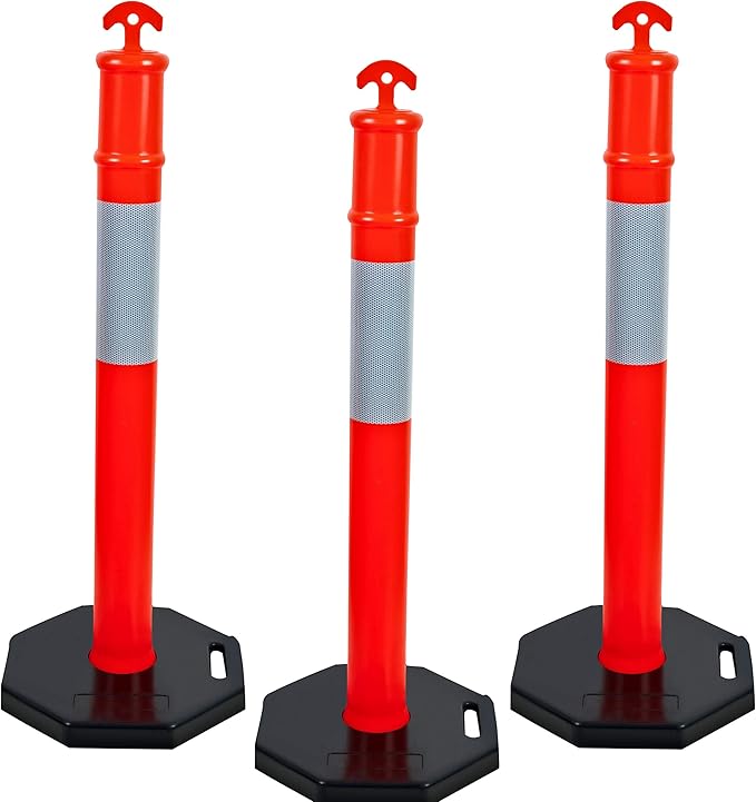 CJ Safety 44" inch Orange PE Delineator Post Cone, Heavy Duty Recycled Rubber Base, 10" Reflective Band, Pipe Insulation, Safety cones, Traffic cones for No Parking (Set of 3 Pack)