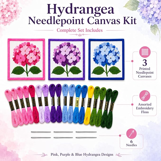 Zplontya Needlepoint Canvas Kit Include 3PCS Flower Printed Patterns Bound - Image 3