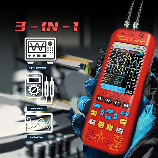 BSIDE 2 Channel Digital Handheld Oscilloscope 50MHz 3.98TFT Oscilloscope Multimeter Signal Generator 3 in 1 Portable Lab Oscilloscope Supports Flexible Coils 20000 Count 250MSa/s Automotive Tester