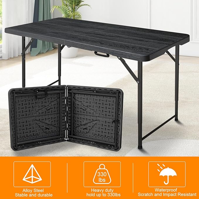 4ft Folding Table, Portable Fold-in-Half Adjustable Height Utility Table - Image 6