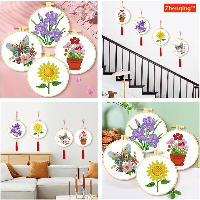 Zhenqing 4 Pack Floral Stamped Cross Stitch Kit, 11CT Printed Iris Sunflower - Image 9