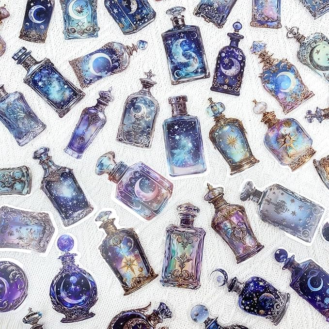 50PCS Lunar Phase Crystal Bottle Stickers – Clear Watercolor Moon & Star - Image 2