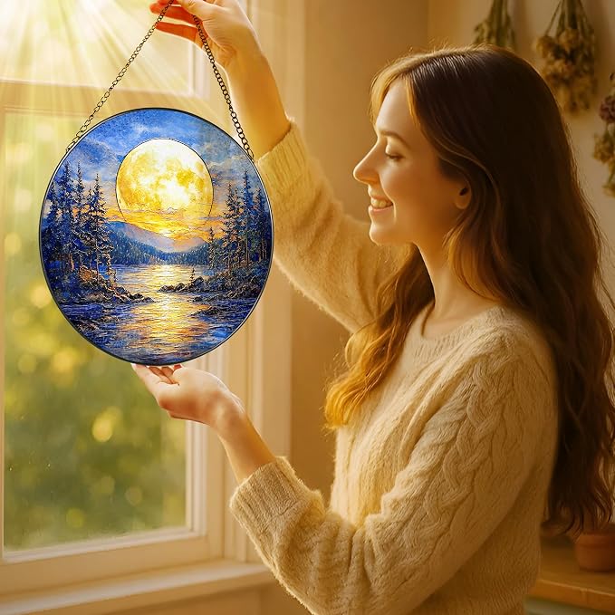 8'' Full Moon Over Forest Lake Suncatcher Ornament, Stained Glass Window Hanging - Image 2