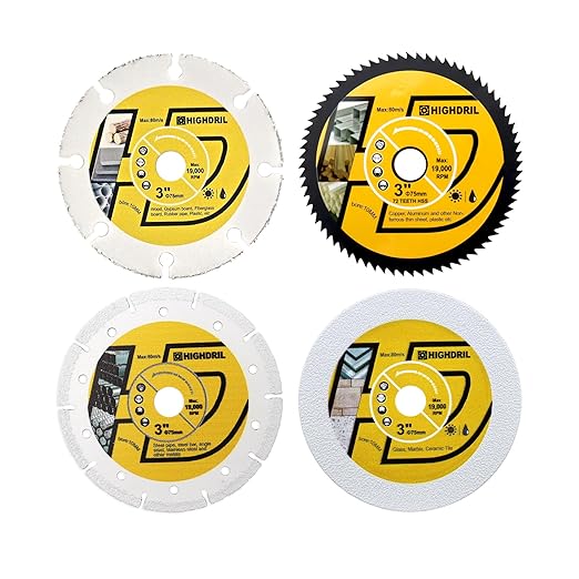 HIGHDRIL 3" 75mm Circular Saw Blade Set 4pcs - Diamond/HSS/Carbide Cutting Disc for Angle Grinder Cutting Metal Copper Aluminum Plastic Wood Glass
