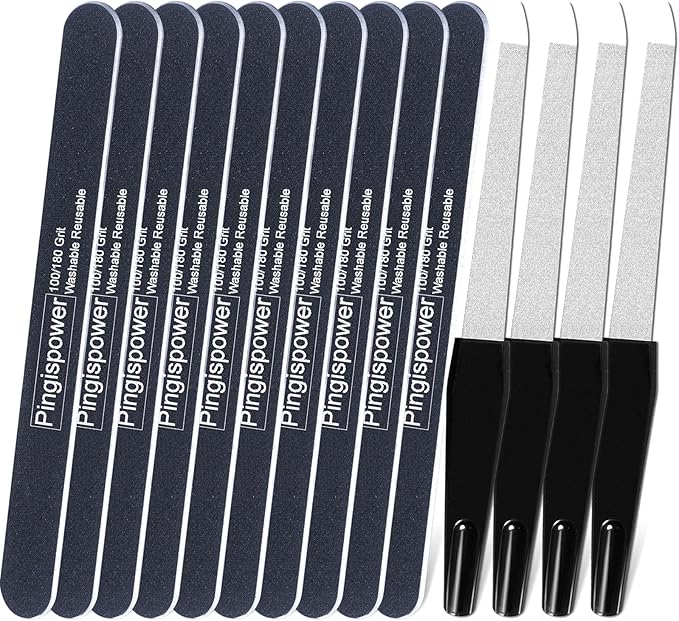 Nail Files Set, 14PCS Professional Metal Nail File & Emery Boards for Natural Nails (100/180 Grit), Double Sided Reusable & Washable Manicure Kit for Women, Home & Salon
