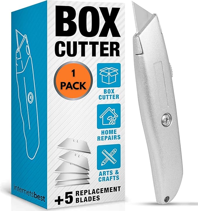INTERNET'S BEST Premium Utility Knife | Retractable Box Cutter with Metal Handle | Heavy-Duty Cutting for Cardboard, Carpet, Plastic | Retractable Blade | Includes 1 Razor Knife & Extra Blades