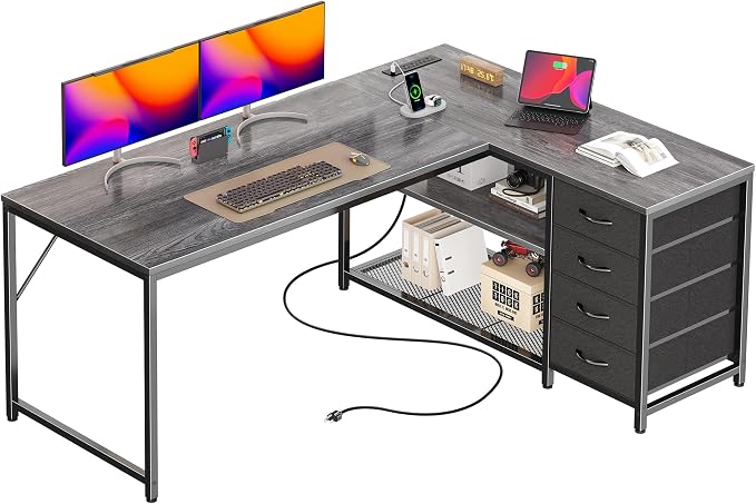 PRAISUN 53" L Shaped Desk with Power Outlets & USB-C Port, Reversible Computer by PRAISUN